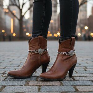 NEW Women Silver Metal Chain 2PCS Boot Bracelets Shoe Swirl Coin Charm Anklet